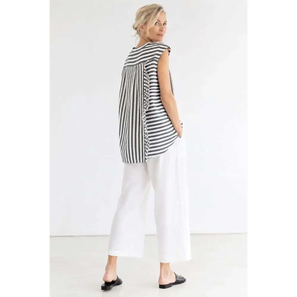 Sibel Saral Kola Ruffle Top M Gray White Stripe Cotton Asymmetric Designer Tunic